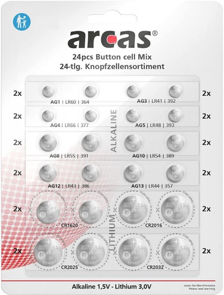 Arcas Knopfzellensortiment 24-teilig AG Alkaline Knopfzellen 1,5V und CR Lithium Knopfzellen 3,0V (2