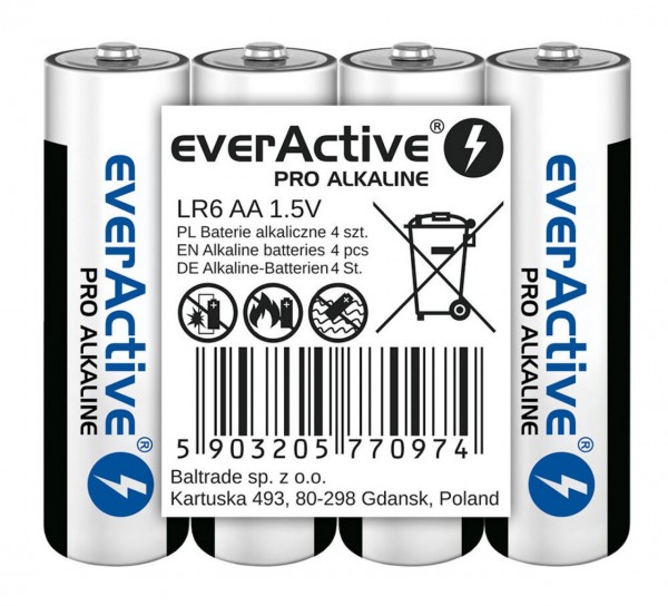 everActive Pro Alkaline LR6 AA 1,5V High Performance Batterie 4er Packung kleine Verpackungsgröße ei