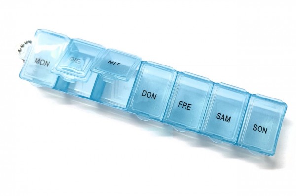 Top Tablettenbox Pillendose Medikamentenbox 7 Tage Wochentage Deutsch mit Schlüsselanhänger hellblau