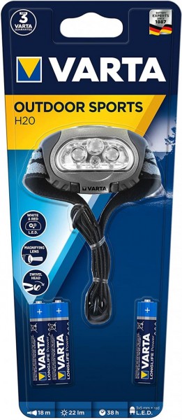 Varta Outdoor Sports H20 Stirnlampe Multifunktions-Kopfleuchte mit 4 High-End LEDs, 2-Stufen-Schaltf