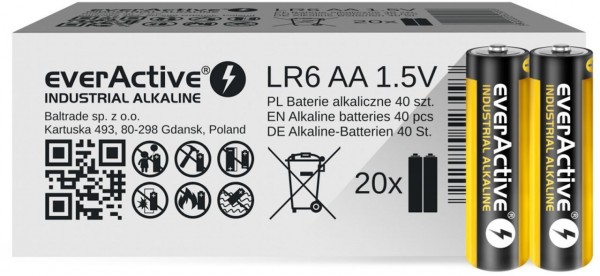everActive Industrial Alkaline LR6 AA 1,5V Batterie 2700 mAh 40er Packung mit 20 x 2 eingeschweißten