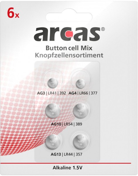 Arcas Knopfzellensortiment 6-teilig AG Alkaline Knopfzellen 1,5V (1x AG3 / 1x AG4 / 2x AG10 / 2x AG1