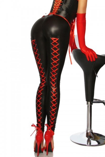 Wetlook-Leggings mit Schnürung/Farbe:schwarz/rot/Größe:M