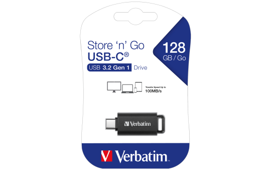 USB-C 3.2 Stick Verbatim, 128GB Speicher, Store 'n' Go, Typ C,Schiebemechanismus