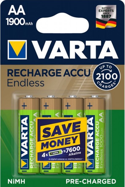 Varta 20x RECHARGE ACCU Endless AA 1900 mAh Akku NiMH 1,2V bis zu 2.100x wiederaufladbar Vorgeladen