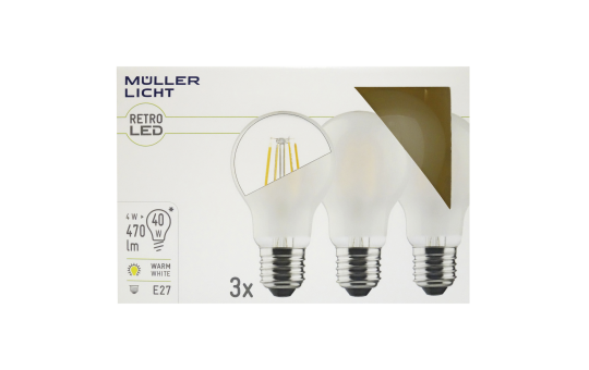 LED Filament Glühlampe, E27, 4W, 470lm, 2700K, warmweiß, matt, 3er Set
